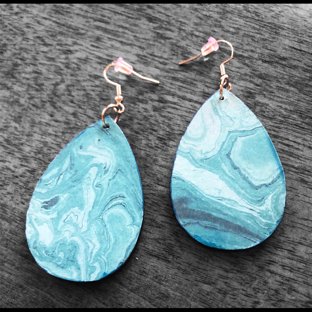 Blue marble wood earring